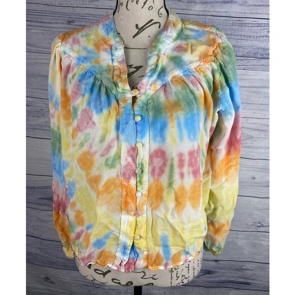 Young Fabulous & Broke Button Front Crop Top Womens S Rainbow Tie Dye Hi Low - Picture 2 of 12